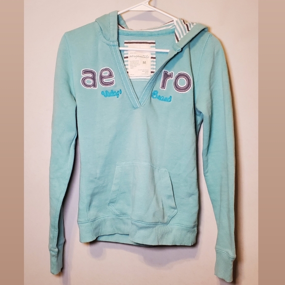 Aeropostale Aqua Blue Gray White V-Neck Sweatshirt Hoodie - Size Medium - Picture 2 of 4